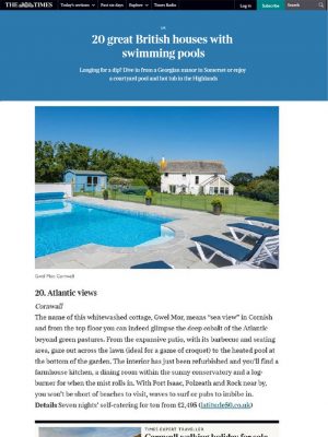 Gwel Mor features in The Times in their top '20 British Houses with Swimming Pools'