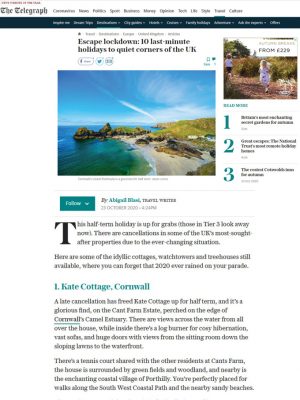 Kate Cottage features in the Telegraph's 10 last-minute holidays to quiet corners of the UK