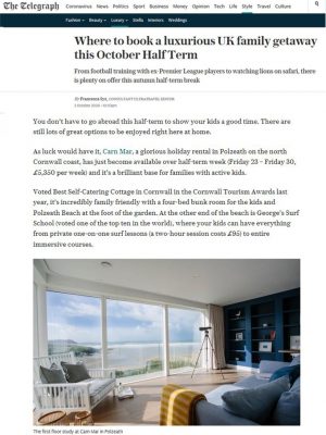 Carn Mar features in the Telegraph Luxury Travel picks for October Half Term