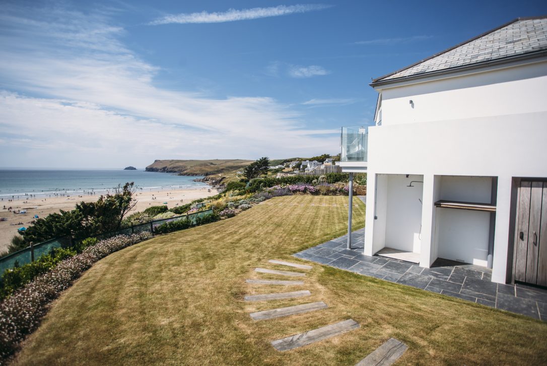 Sea views from the garden at Carn Mar, a self-catering holiday house above Polzeath beach, North Cornwall