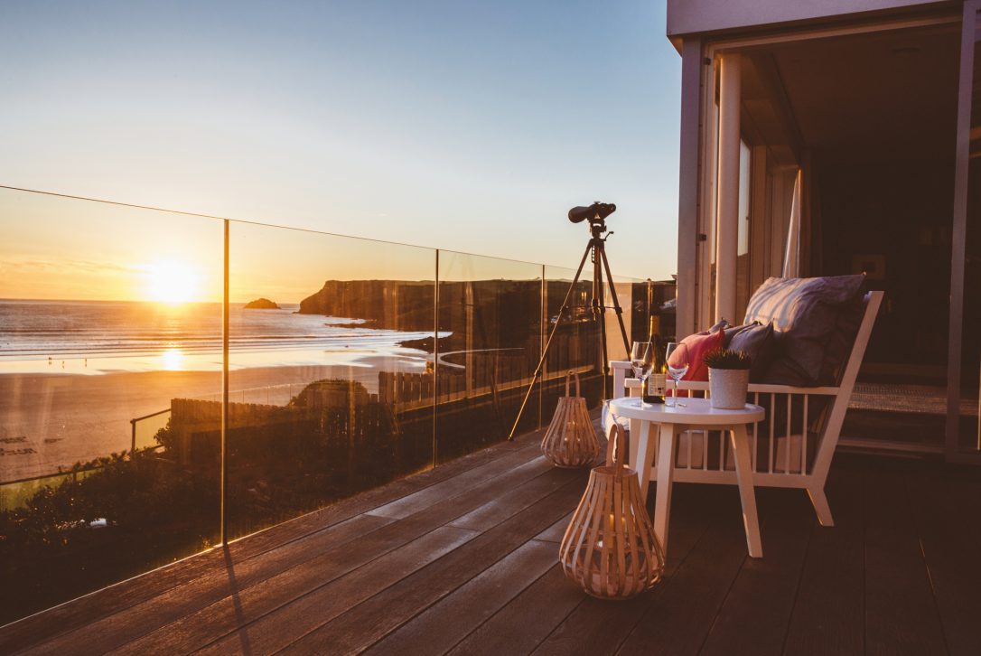 View from the balcony at Carn Mar of the sunset at Polzeath