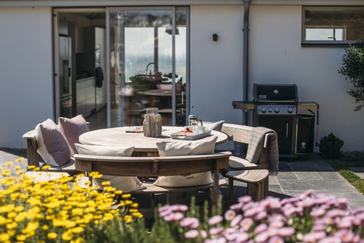 Morning terrace at Carn Mar, a self-catering holiday home in New Polzeath, North Cornwall