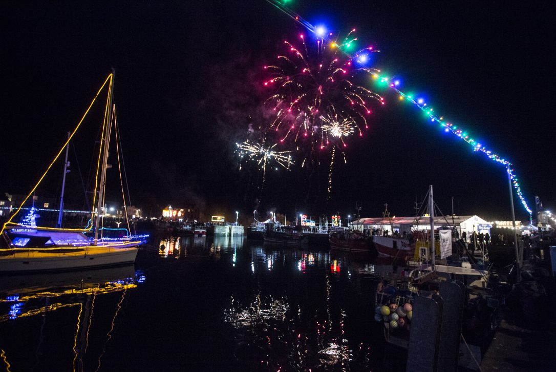 Christmas lights and fireworks at Padstow in Cornwall