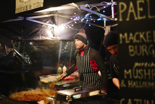 Food stalls at Padstow Christmas Festival, Padstow, North Cornwall