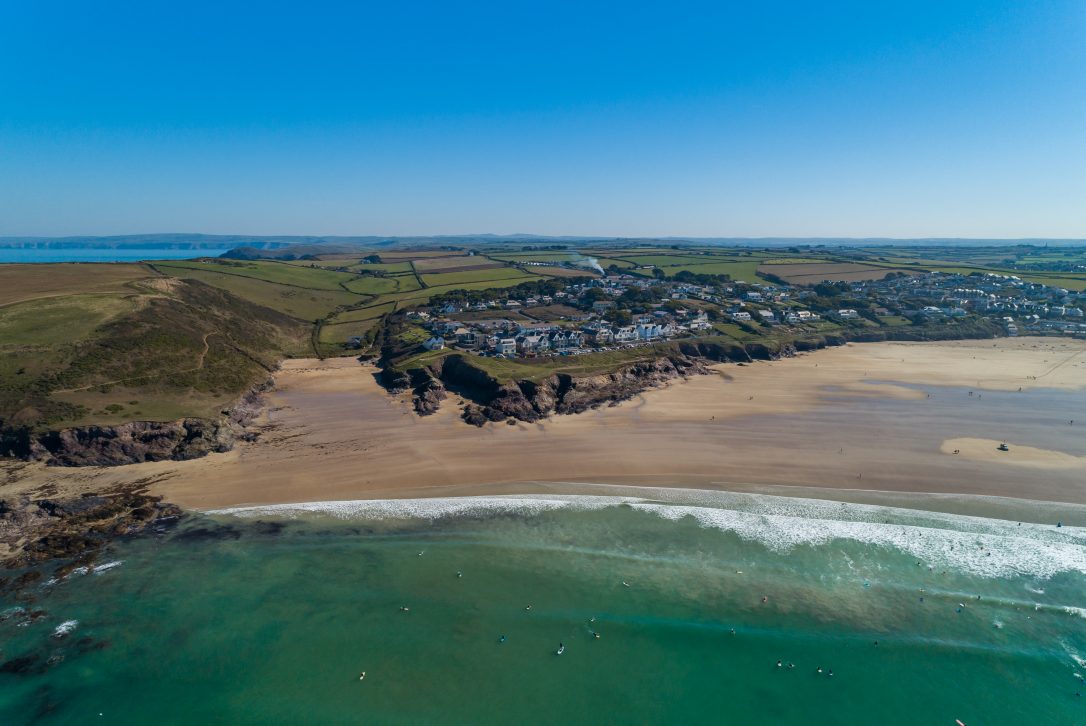 Aerial view of Polzeath beach, North Cornwall