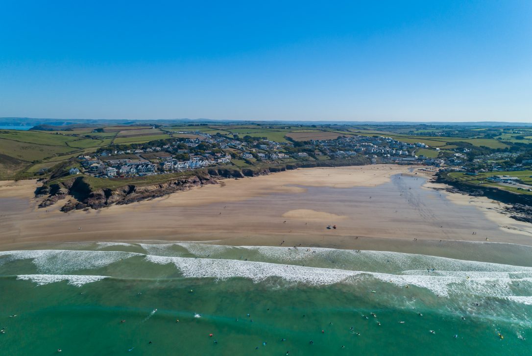 Aerial view of Polzeath beach, North Cornwall