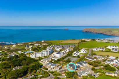 Aerial view of 1 Higher Farm located between Daymer Bay and Polzeath, North Cornwall