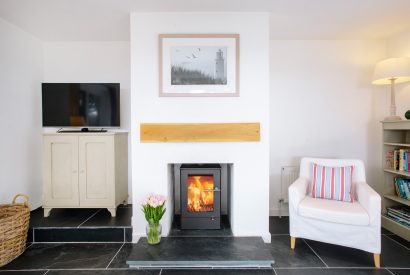 Log burner at Badger Cottage, a self-catering holiday home in Rock, North Cornwall
