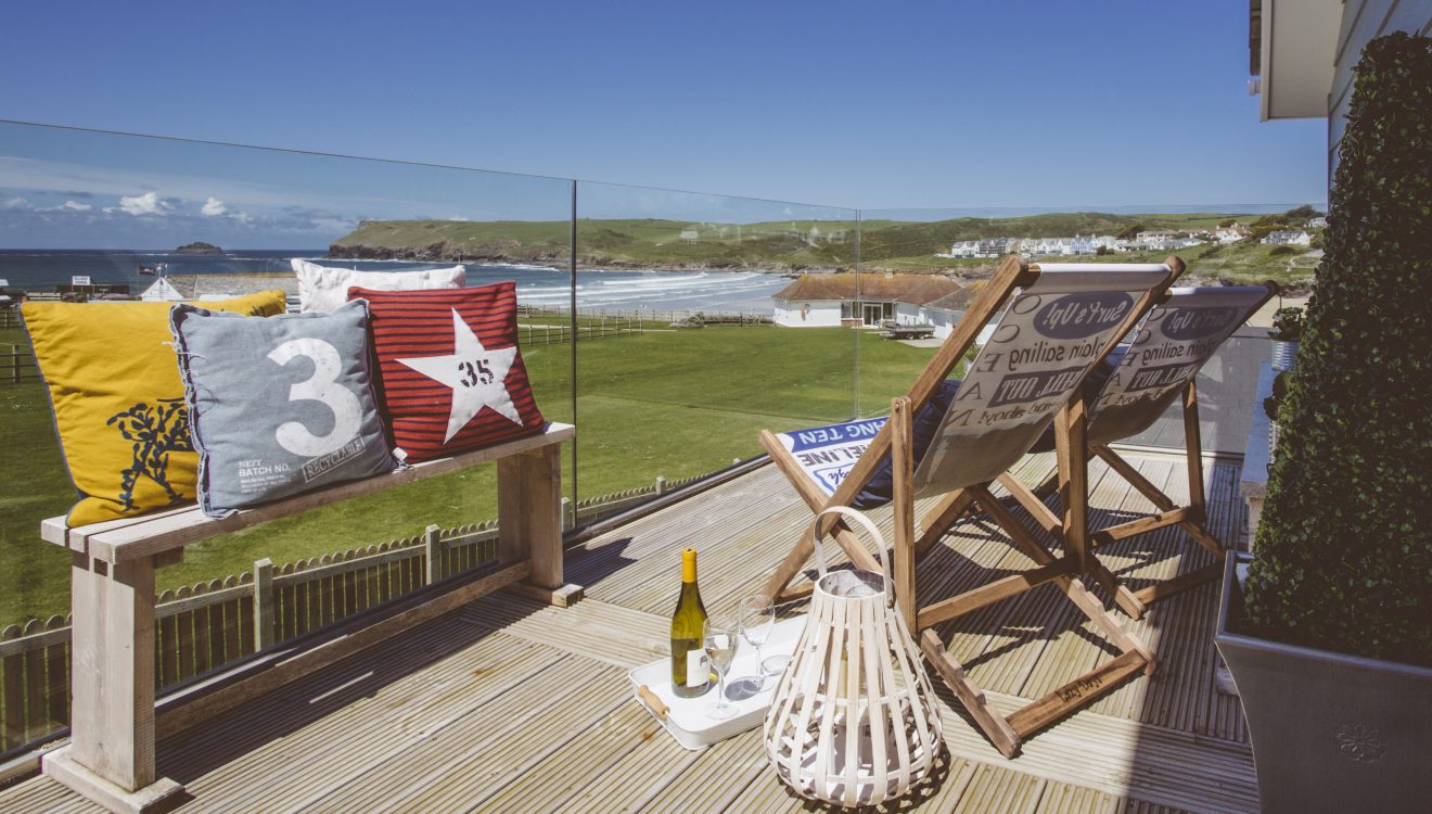 View from the balcony at Drum Fish, a self-catering holiday home in Polzeath, North Cornwall