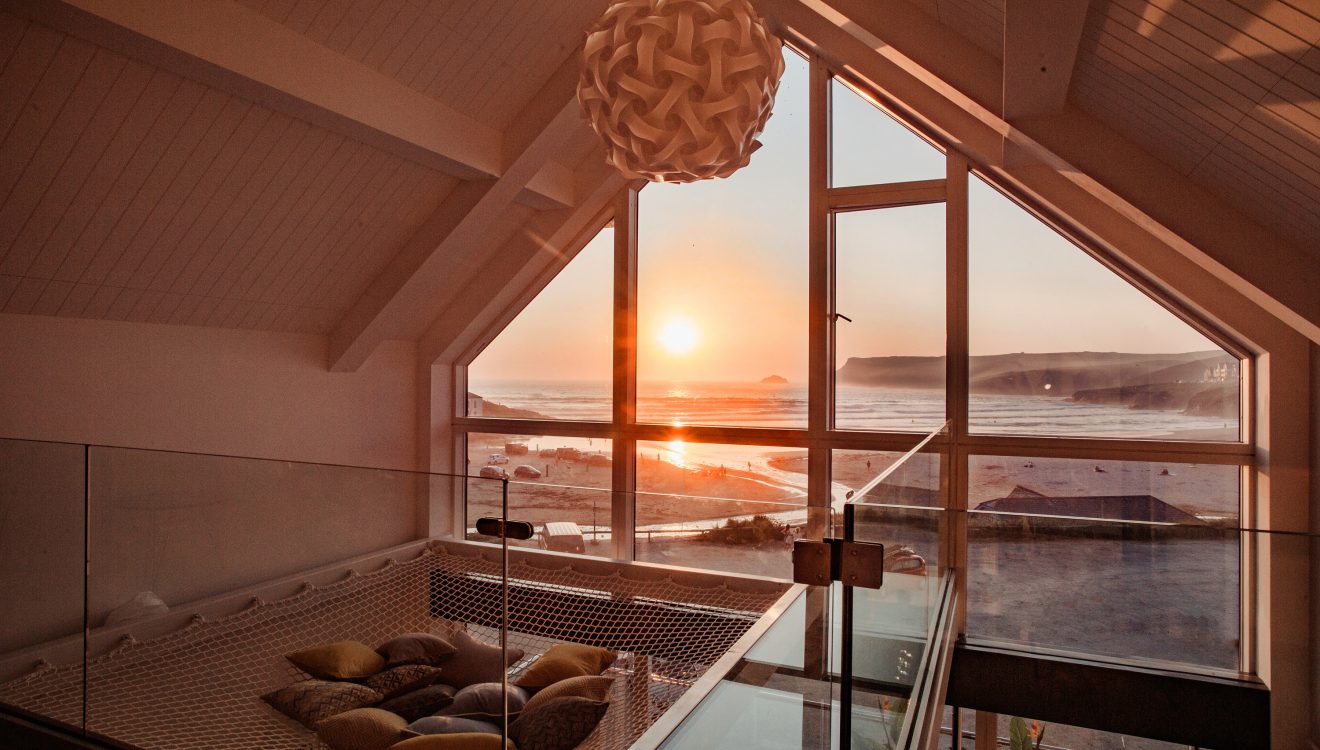 View of the sunset from Gwel Trelsa, a luxury, self-catering holiday home in Polzeath, North Cornwall