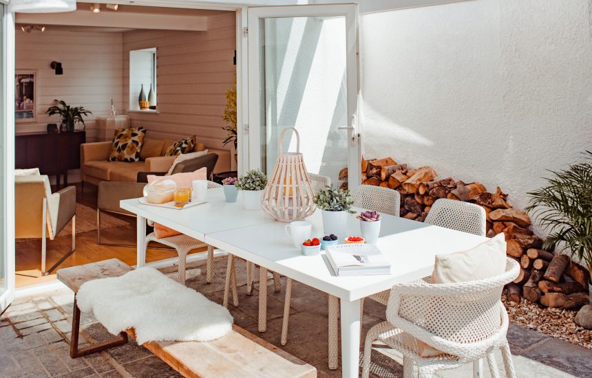 The veranda at Hargervor House, a self-catering holiday home in Polzeath, North Cornwall