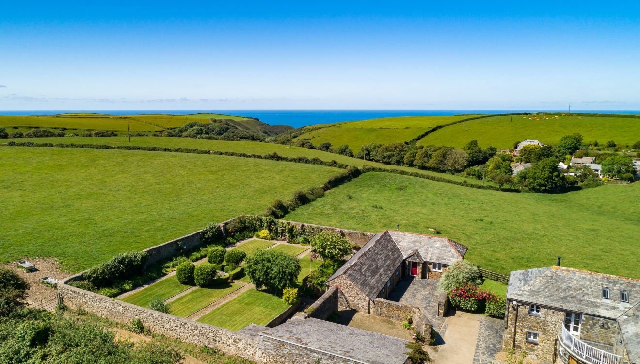 Aerial view of The Linhaye, a self-catering holiday cottage in Port Isaac, North Cornwall