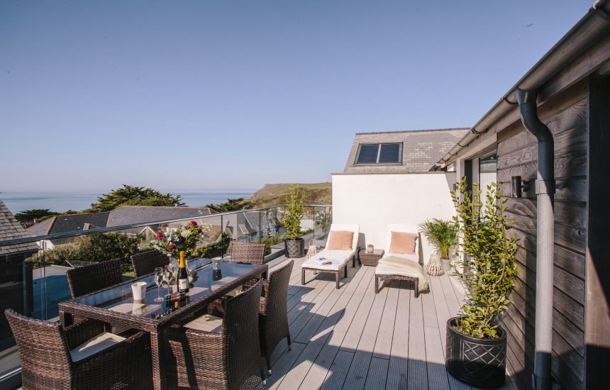 Balcony at The Penthouse, a luxury apartment in New Polzeath, North Cornwall