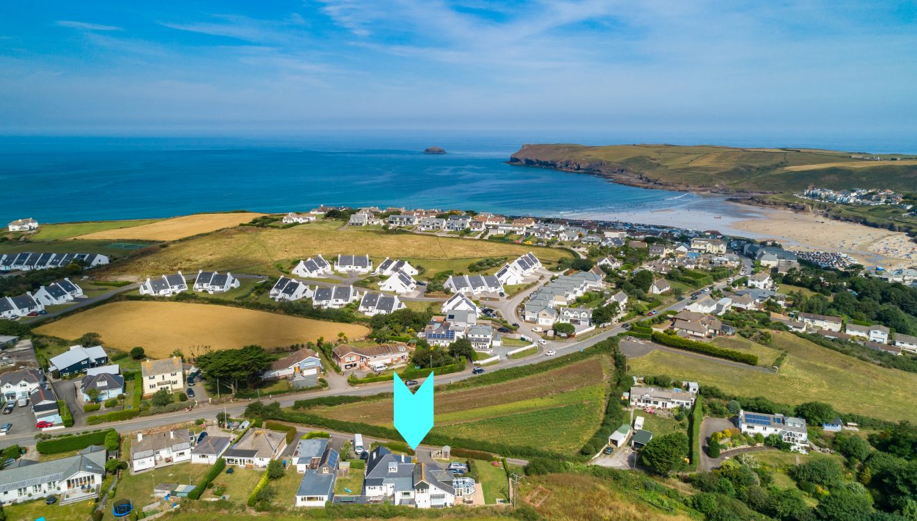 Aerial view of Upper and Lower Pen-y-Bryn, self-catering holiday home for groups near Polzeath and Daymer Bay