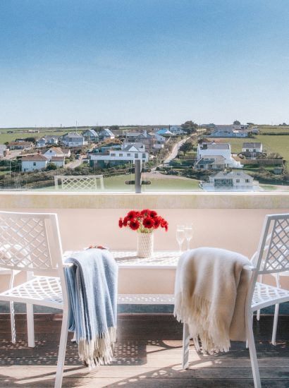 The balcony at Vinnick Rock, a self-catering holiday home above Polzeath beach, North Cornwall